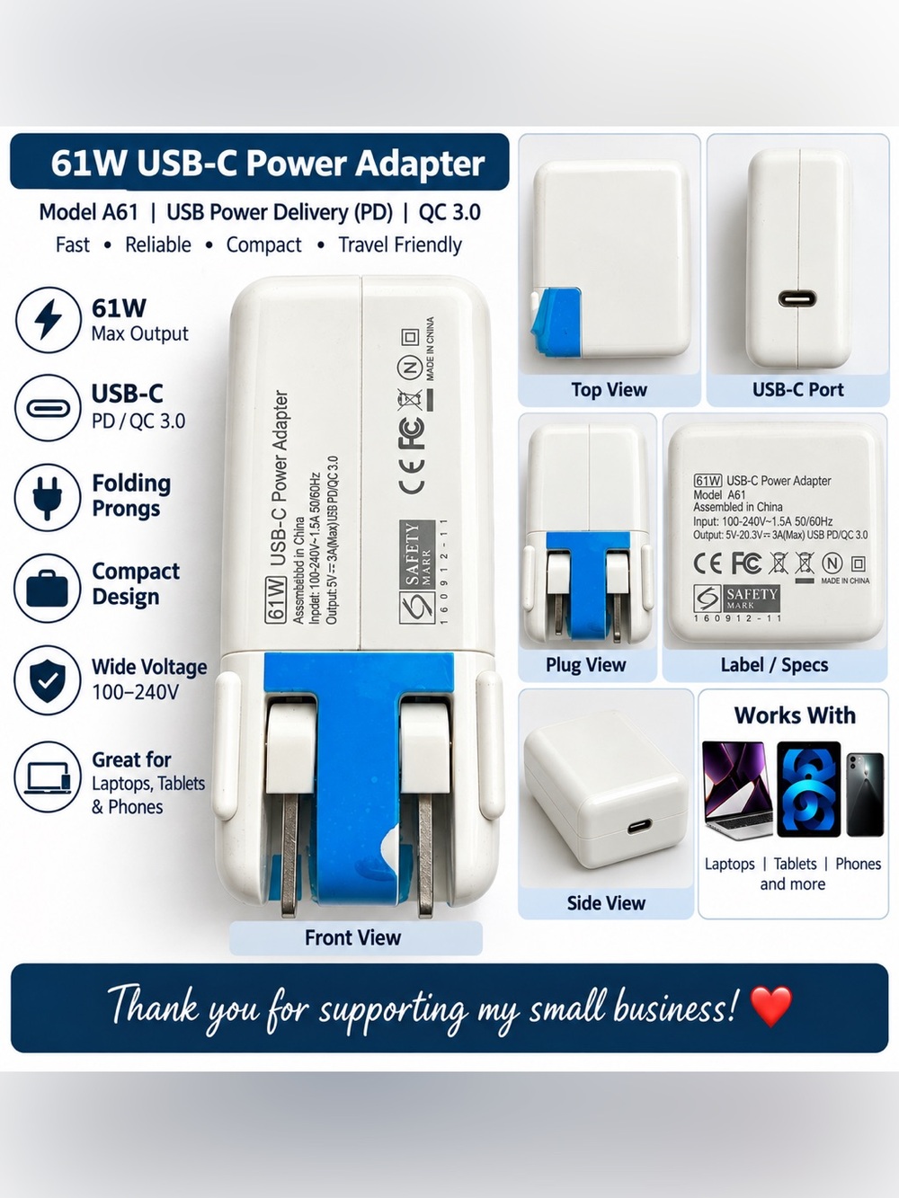 61W USB-C Power Adapter PD QC 3.0 Folding Wall Charger Model A61 W